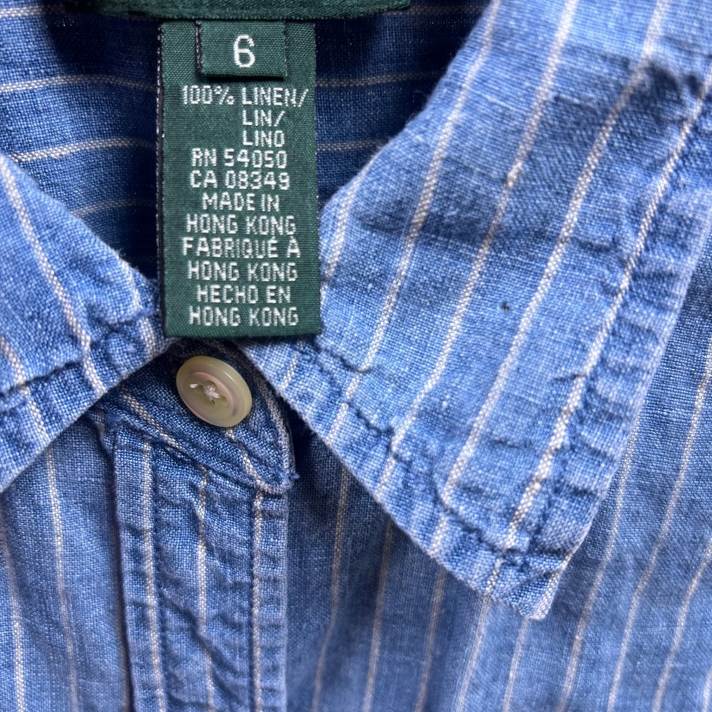 Vintage Lauren Ralph Lauren Sleeveless Shirt  Women Pinstripe Linen 6 Hong Kong - Picture 8 of 9